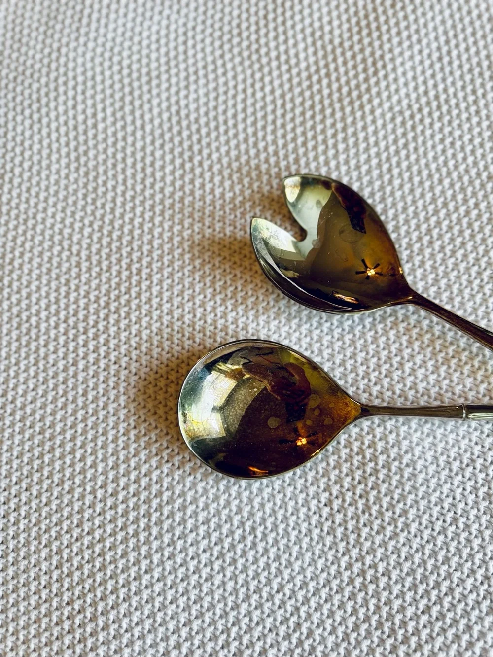 VINTAGE Silver Bamboo Handle Salad Serving Spoons Utensils Made in ITALY